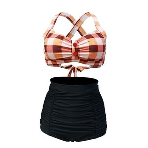 XL Retro Stage plaid criss cross pleated bikini / NEW